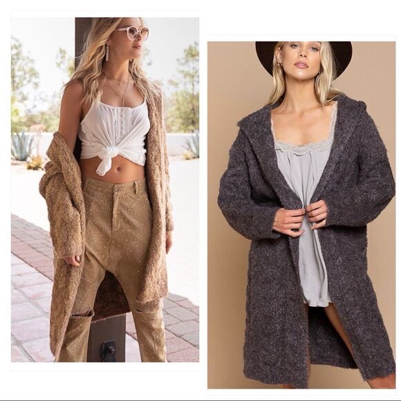 𝅺WOOL Blend Chunky Boucle knit Hooded Cardigan in Caramel - Picture 12 of 15